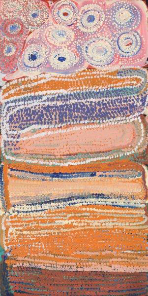 Parnngurr (2), Bugai Whyoulter, Acrylic on Belgian linen, photo courtesy of Martumili Artists, source  www.suzanneoconnell.com