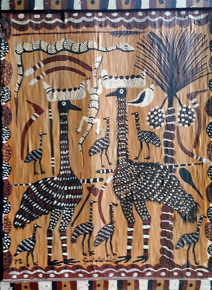 Dick Roughsey, 1972, The Emu and the Turkey, 47cm x 37cm, bark painting
